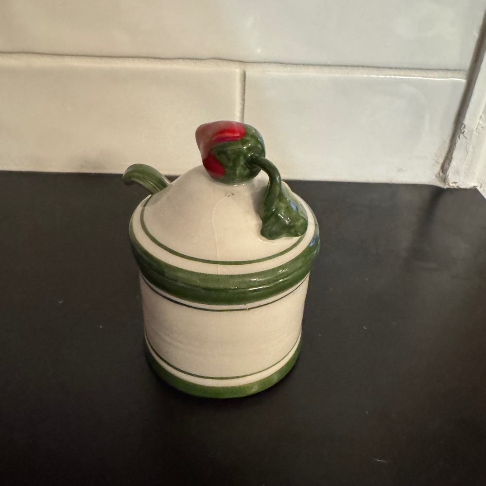Costa Jam Jar Cream Green Italian Ceramic Strawberry Lid Spoon Fatto a Mano - Picture 2 of 7